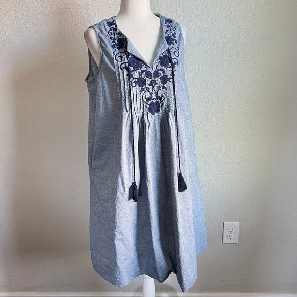 Roaman's Pintuck Embroidered Chambray Sun Dress Women's 16 Cotton Tasseled - Picture 1 of 7